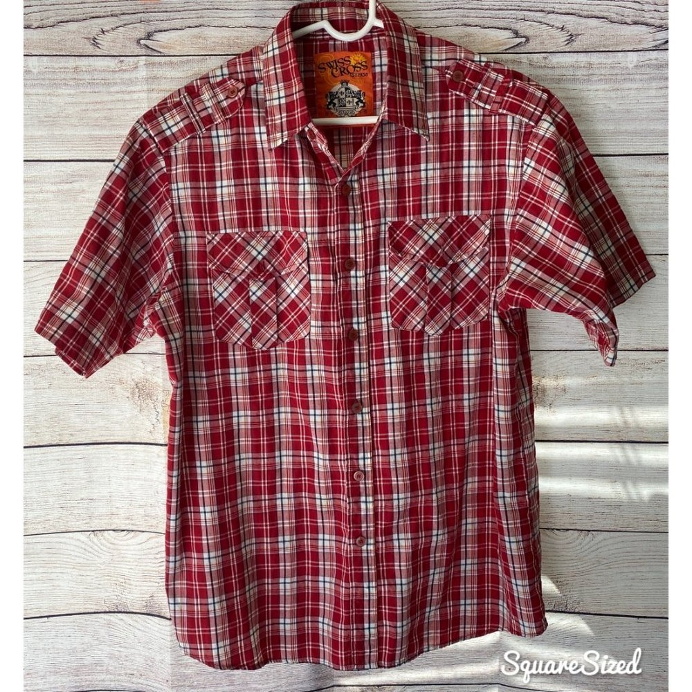 Swiss Cross Men's short sleeve red plaid men’s shirt size Large